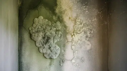 thick white and green mold growth spreading across a cracked, moisture damaged interior wall with visible staining and peeling paint