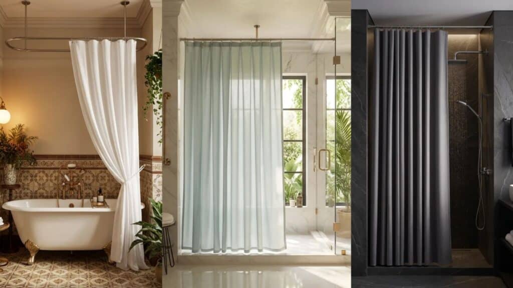 three bathroom setups showing different shower curtain styles including a freestanding tub with circular curtain, a light fabric curtain in a bright shower space,