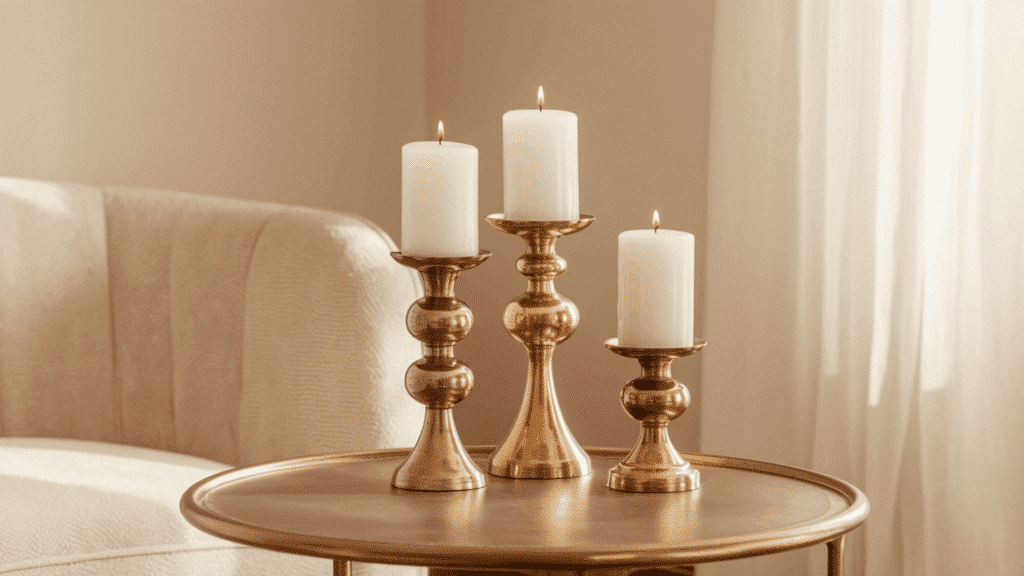 three brass candle holders of varying heights grouped on a sofa table each holding a white pillar candle in warm light