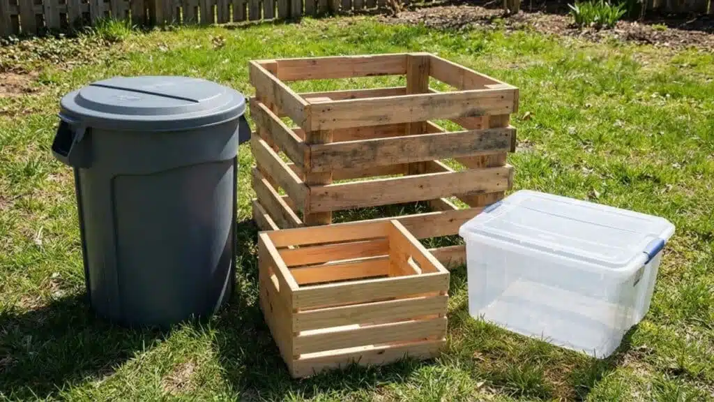 three compost bin options on a grassy backyard lawn a large plastic trash can with lid, a wooden pallet compost bin, and two smaller containers including a wooden crate