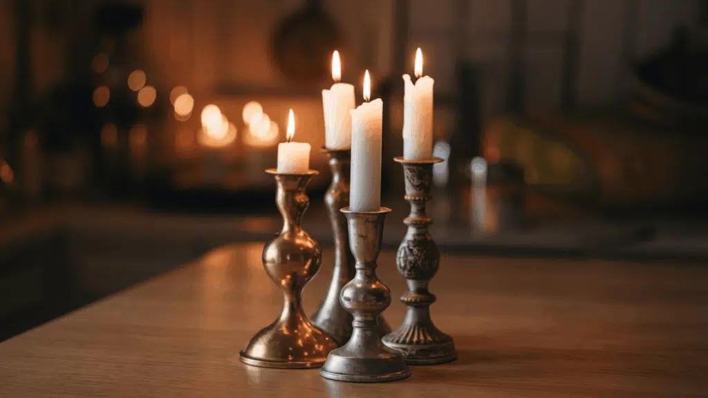 three mismatched brass and aged silver vintage candlesticks of varying heights grouped on a kitchen table with lit candles