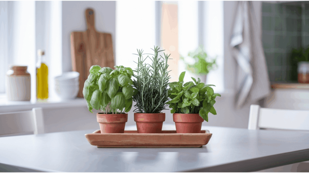 three small terracotta pots of fresh basil, rosemary, and mint grouped on a wooden tray placed on a bright kitchen table