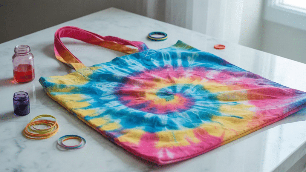 tie-dye tote bag with vibrant spiral pattern in blue, pink, and yellow, placed on a table with dye bottles and rubber bands nearby, in soft natural light