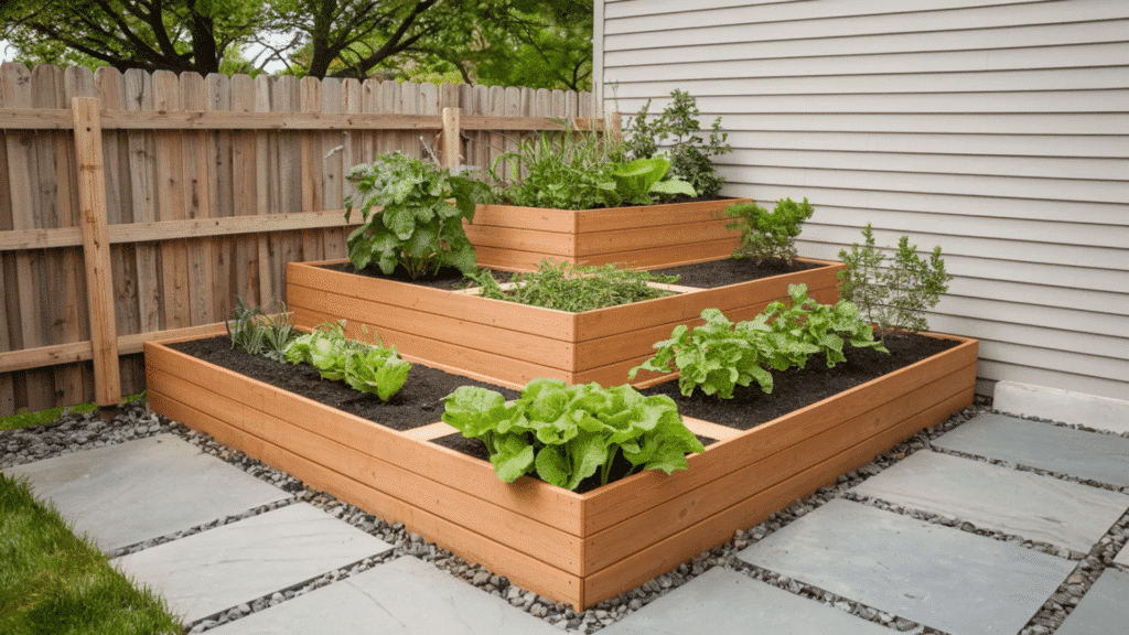 tiered wooden raised garden beds with leafy vegetables and herbs arranged in backyard corner beside fence and house siding