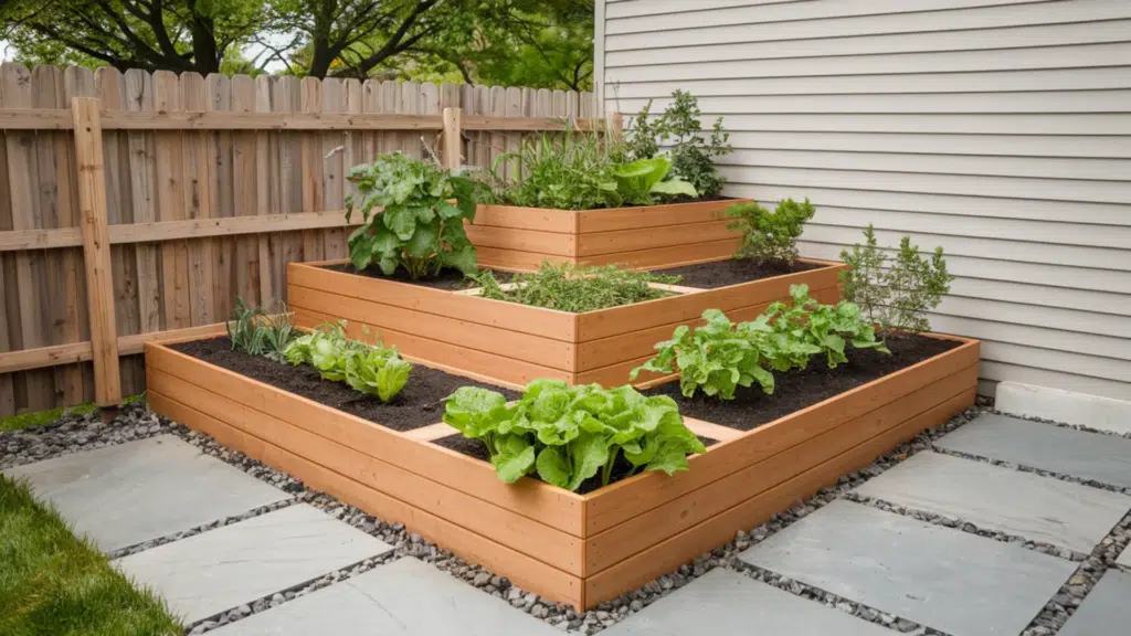 tiered wooden raised garden beds with leafy vegetables and herbs arranged in backyard corner beside fence and house siding