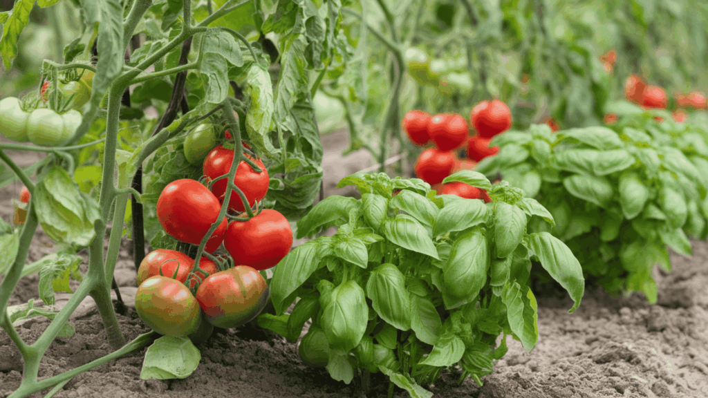 tomato plants and fresh basil growing side by side in a sunny vegetable garden bed showing companion planting in action