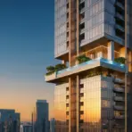 Modern high-rise building with rooftop garden and glass facade under evening sky