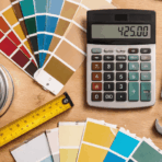 top down photo of painting tools, color swatches, and a calculator with price