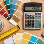 top down photo of painting tools, color swatches, and a calculator with price