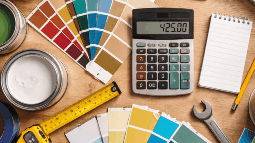 top down photo of painting tools, color swatches, and a calculator with price