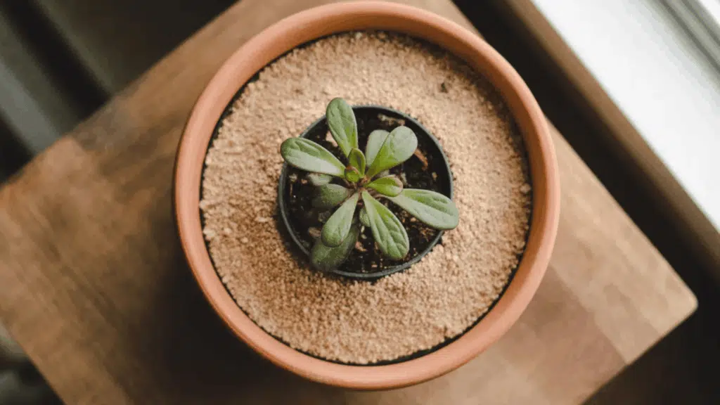 top-down view of a houseplant pot with a clean layer of coarse sand topdressing over the soil surface, small plant in the center, pot on a wooden surface