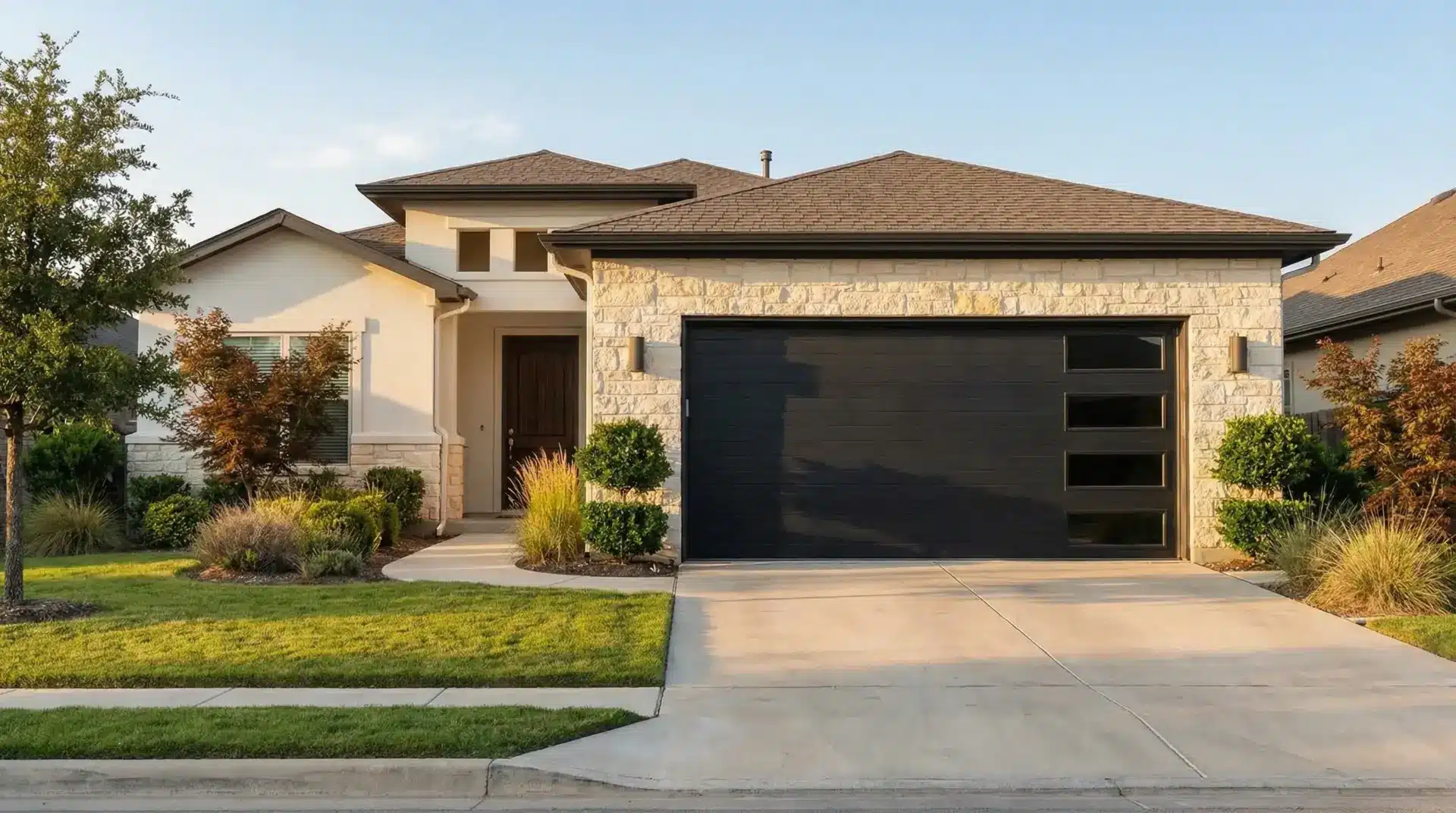 Contemporary single-story house with stone facade and black garage door in suburban neighborhood