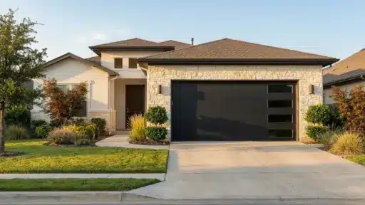 Contemporary single-story house with stone facade and black garage door in suburban neighborhood