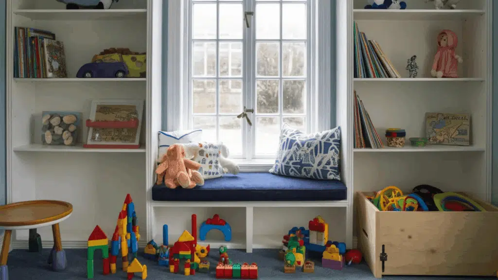 toy storage under a window bench