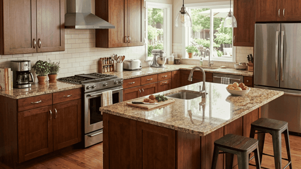 traditional kitchen with granite countertops, wooden cabinets, and island with natural stone surface