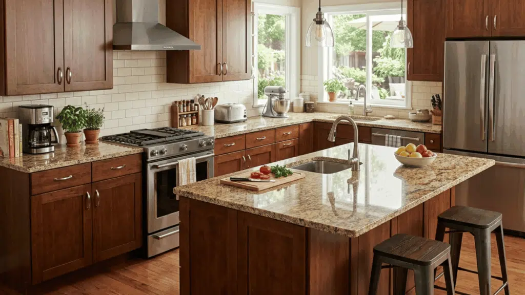 traditional kitchen with granite countertops, wooden cabinets, and island with natural stone surface