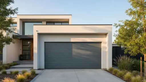 Modern two-story house with large garage and minimal landscaping under clear blue sky