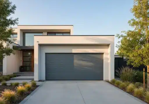 Modern two-story house with large garage and minimal landscaping under clear blue sky