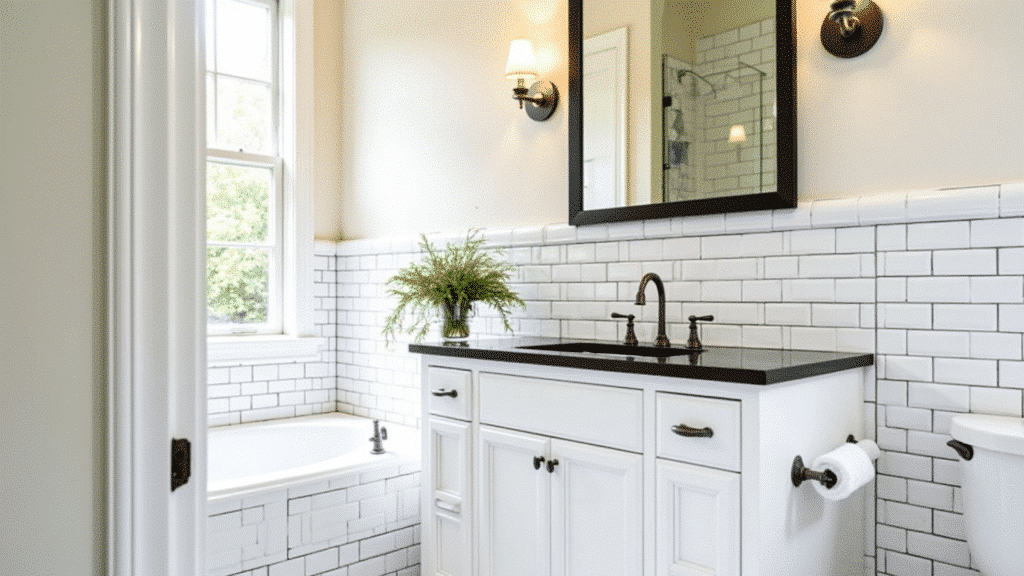 transitional bathroom with white Shaker vanity, black countertop and white subway tile walls with dark grout