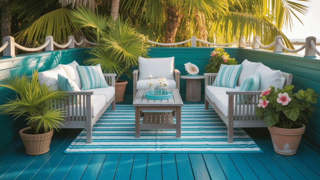 tropical patio with striped rug, comfortable seating, and lush plants, surrounded by teal-colored walls.