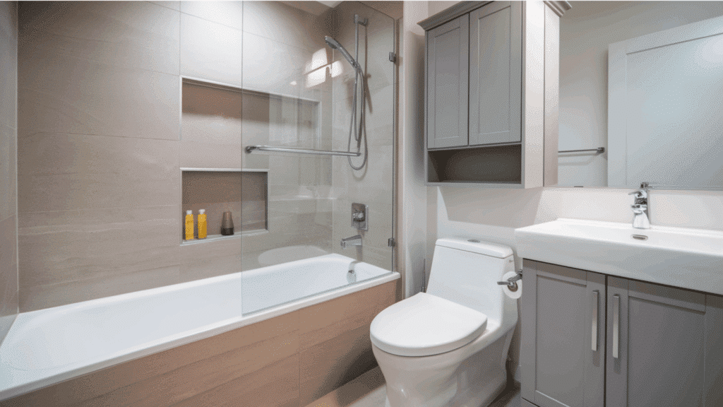 tub-shower combo in a contemporary bathroom with beige tiles and glass enclosure