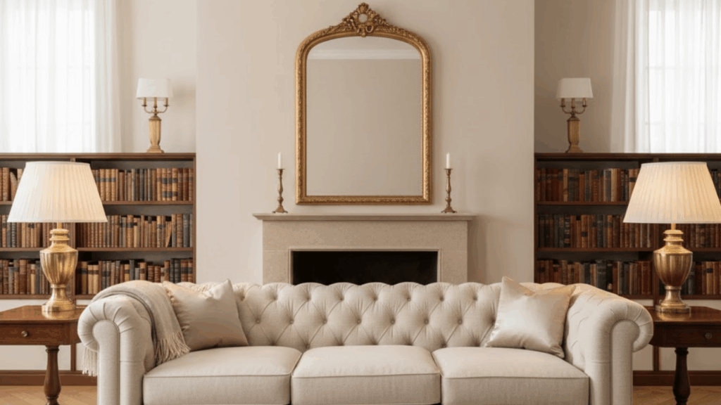 tufted sofa as focal point in classic living room