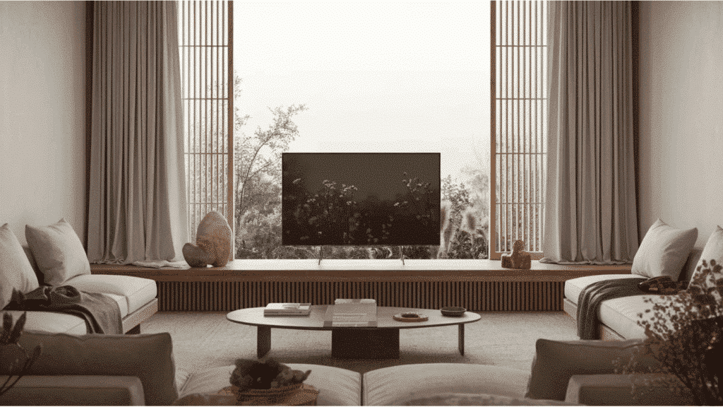 tv on a low wood console in front of a window with neutral linen curtains, flanked by leafy plants and gallery shelves