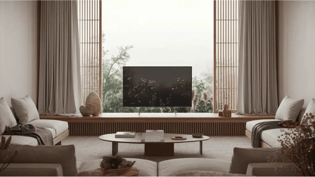 tv on a low wood console in front of a window with neutral linen curtains, flanked by leafy plants and gallery shelves