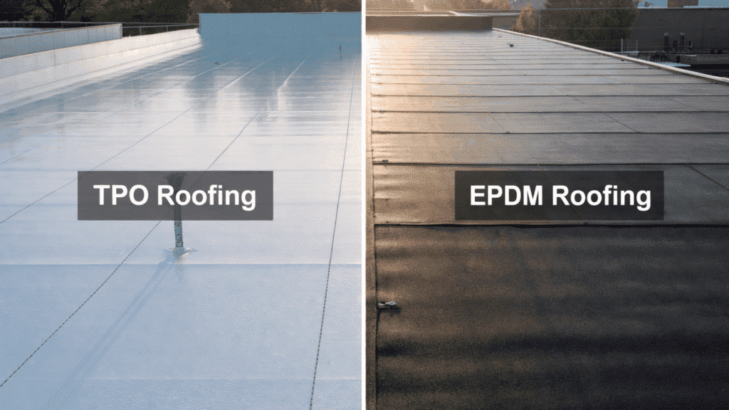 two commercial buildings side by side labeled tpo roofing on the left white flat roof and epdm roofing on the right black flat roof