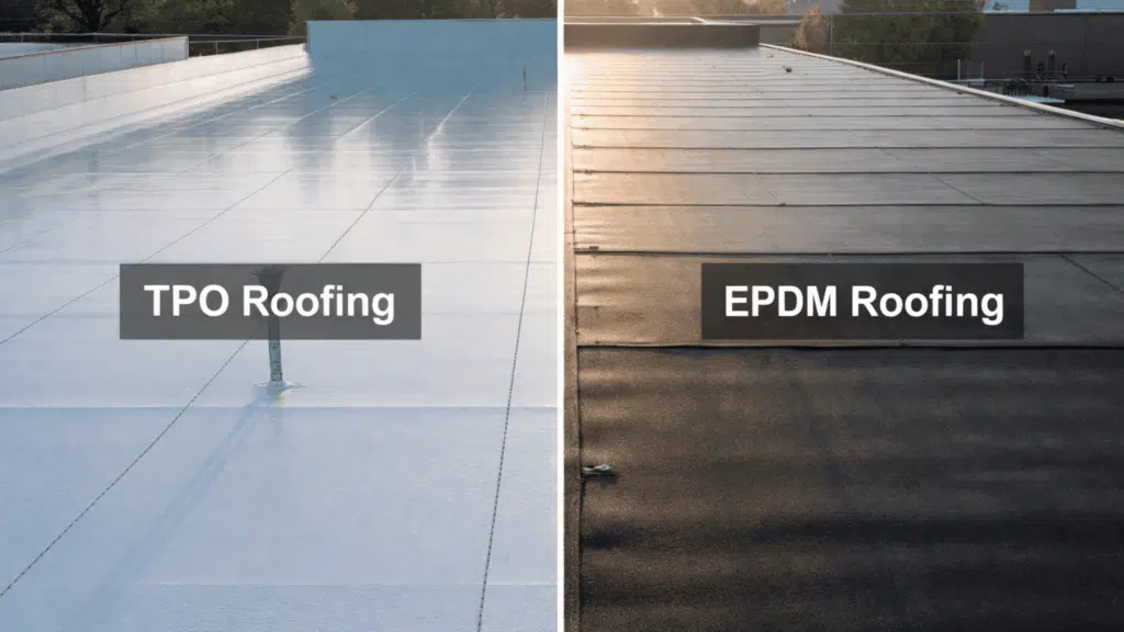 two commercial buildings side by side labeled tpo roofing on the left white flat roof and epdm roofing on the right black flat roof