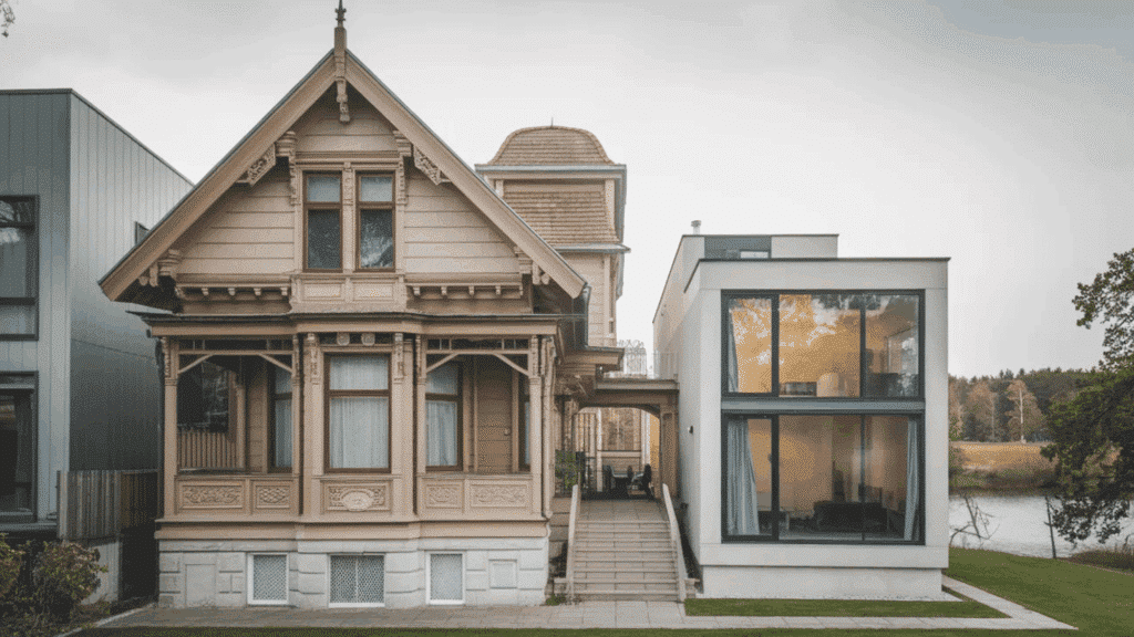 two contrasting homes stand side by side, one traditional Victorian and one modern minimalist design