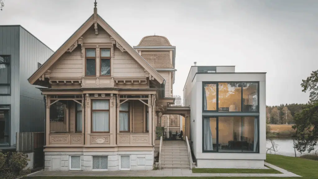 two contrasting homes stand side by side, one traditional Victorian and one modern minimalist design
