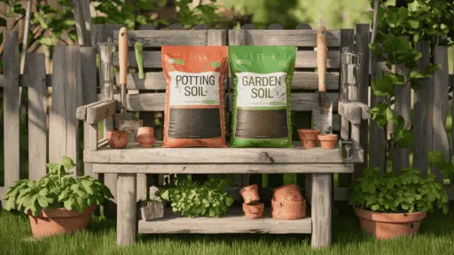 two labeled bags of potting soil and garden soil placed side by side on a wooden potting bench surrounded by garden tools