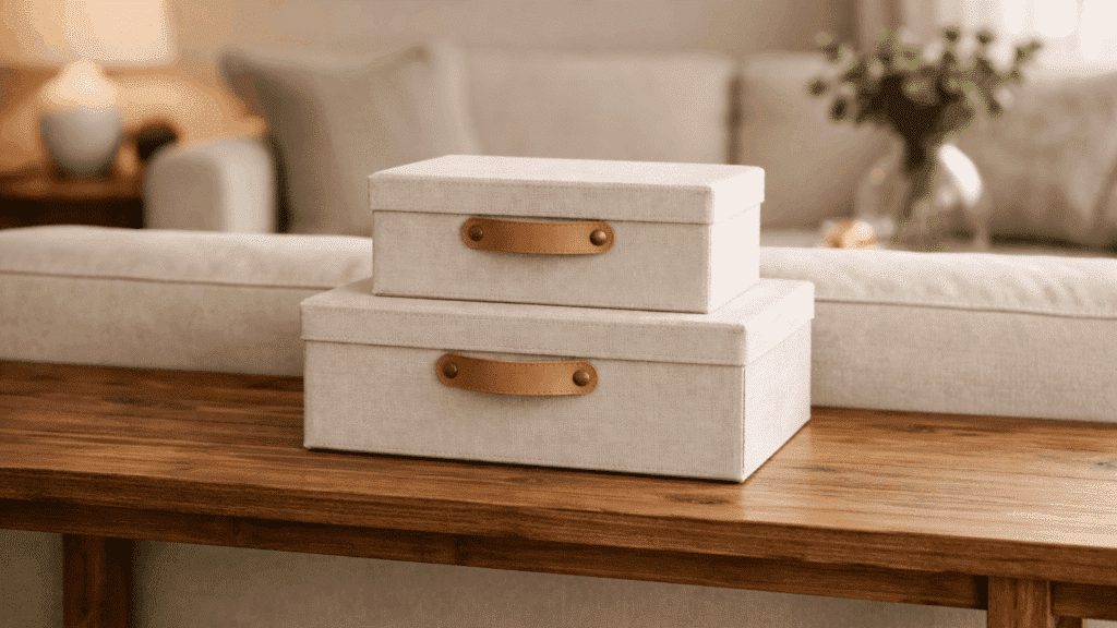 two linen storage boxes stacked on a sofa table placed behind a light beige sofa in a clean neutral living room setting