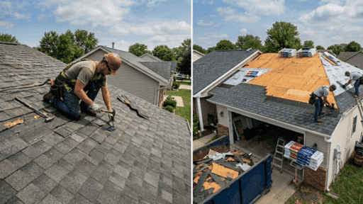two-panel view of a roof repairman (left) and a full roof replacement (right) on suburban homes on a sunny day