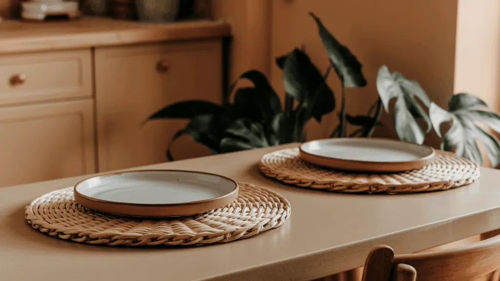 two rattan woven placemats with simple plates on a kitchen table showing natural texture and a casual warm dining setup