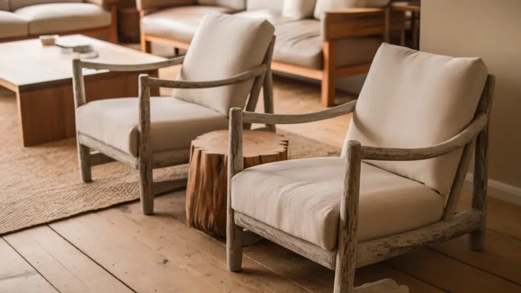 two rustic armchairs with light beige cushions and wooden frames, with a small wooden stump table in between