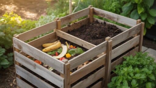 two-section wooden compost bin in a garden, with one side holding finished dark compost and the other side containing fresh kitchen scraps like banana peels and vegetable pieces layered on soil