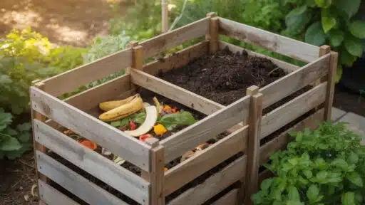 two-section wooden compost bin in a garden, with one side holding finished dark compost and the other side containing fresh kitchen scraps like banana peels and vegetable pieces layered on soil