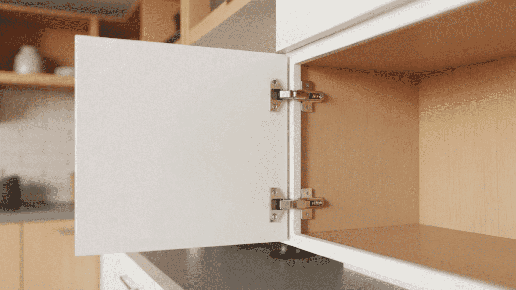 two silver corner cabinet hinges on an open white kitchen wall cabinet showing the wide angle door opening and wood interior