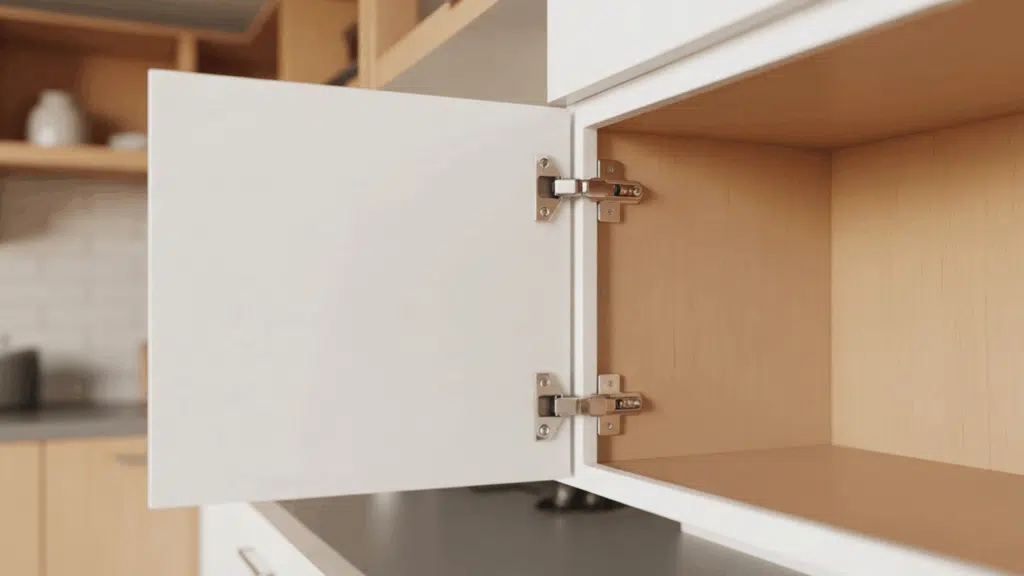 two silver corner cabinet hinges on an open white kitchen wall cabinet showing the wide angle door opening and wood interior