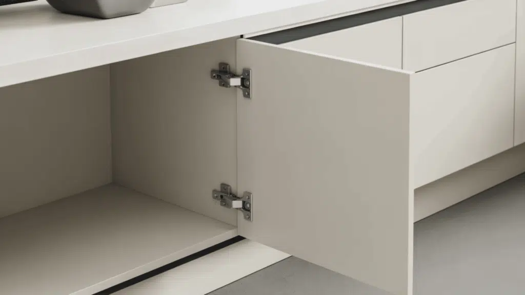 two silver pivot hinges on an open cream frameless cabinet door showing top and bottom mounting points with no side hardware