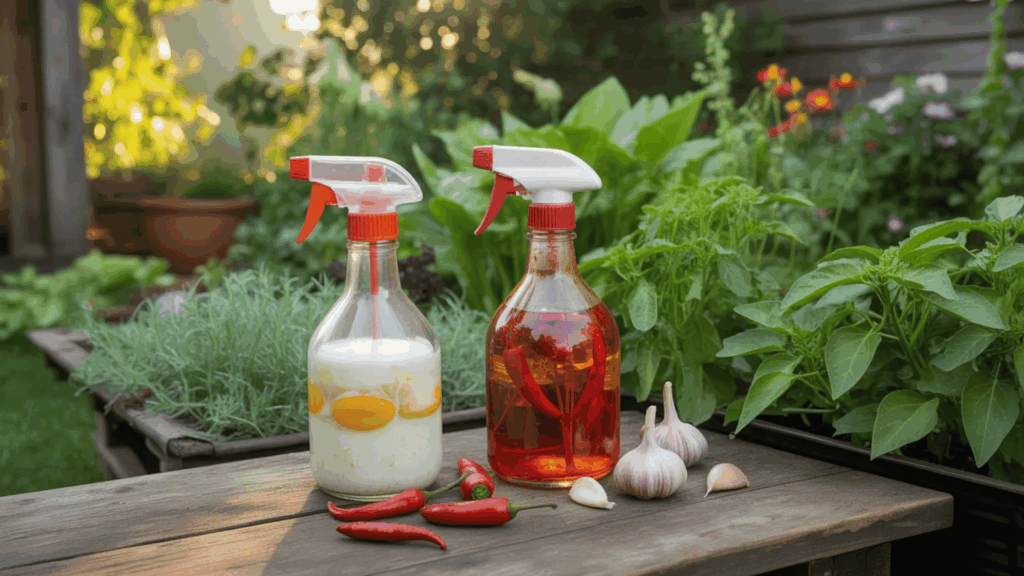 two spray bottles with red lids, one containing a liquid with chili peppers and the other with garlic and egg mixture, surrounded by fresh herbs and vegetables in a garden