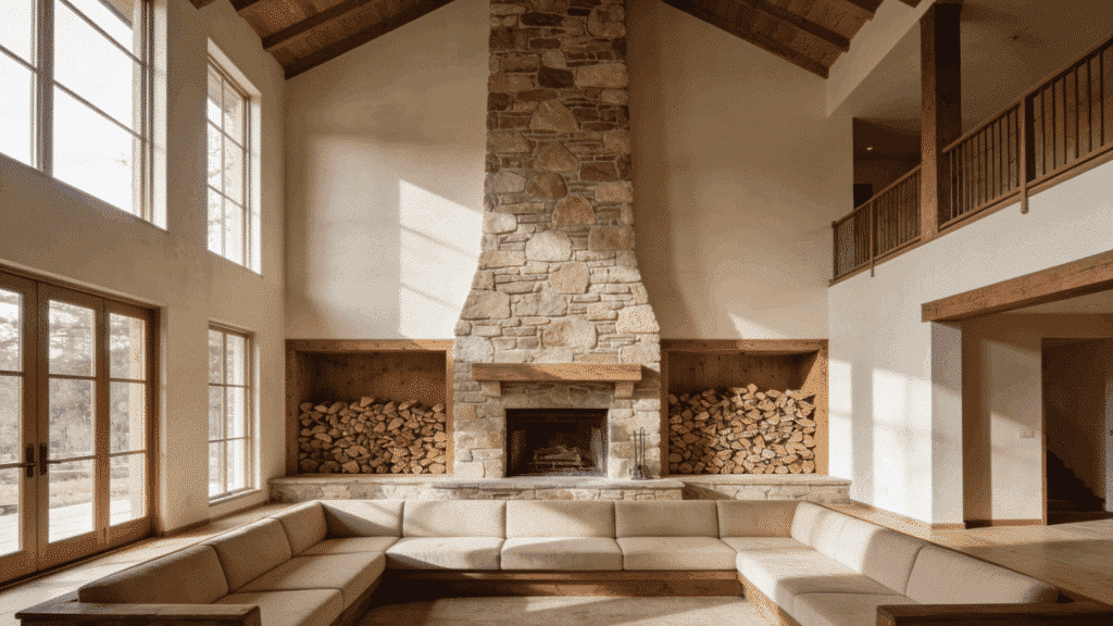 two-story farmhouse living room with tall stone fireplace and wood niche