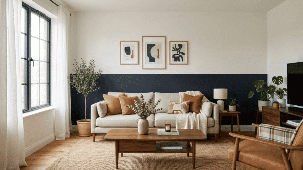 two-tone accent wall living room with beige sofa and clean modern styling.
