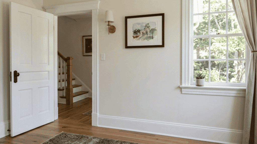ultra pure white trim on interior door and window with clean bright finish in a neutral room with wood flooring