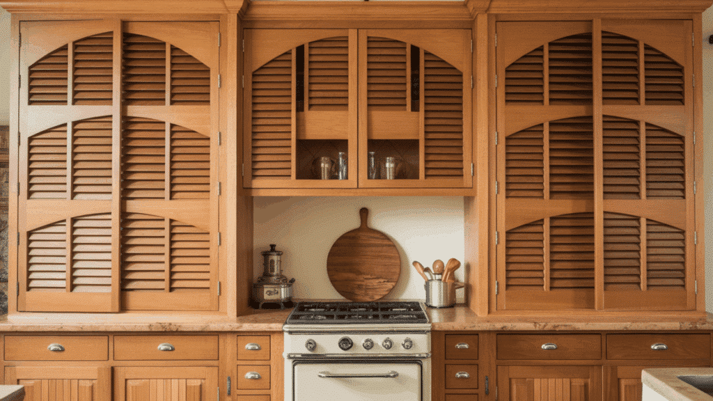unique cabinet door with horizontal wooden slats designed for airflow and organic texture.