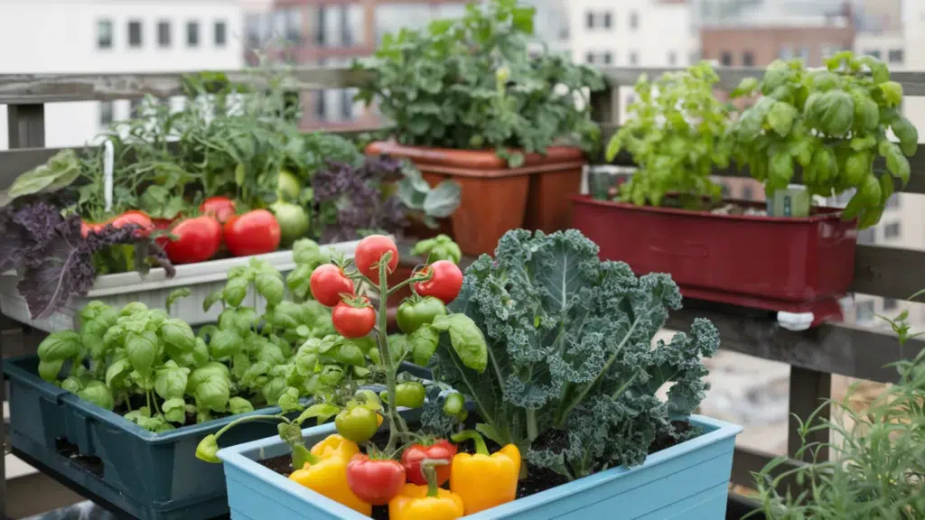 urban balcony garden with containers growing tomatoes kale basil and peppers surrounded by green herbs and leafy plants in city setting