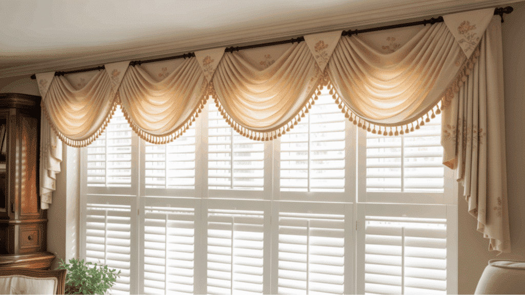 valance curtains adding a decorative touch above a window in a formal living room.