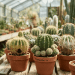 variety of potted cacti in a greenhouse showing healthy and unhealthy plants for propagation selection.
